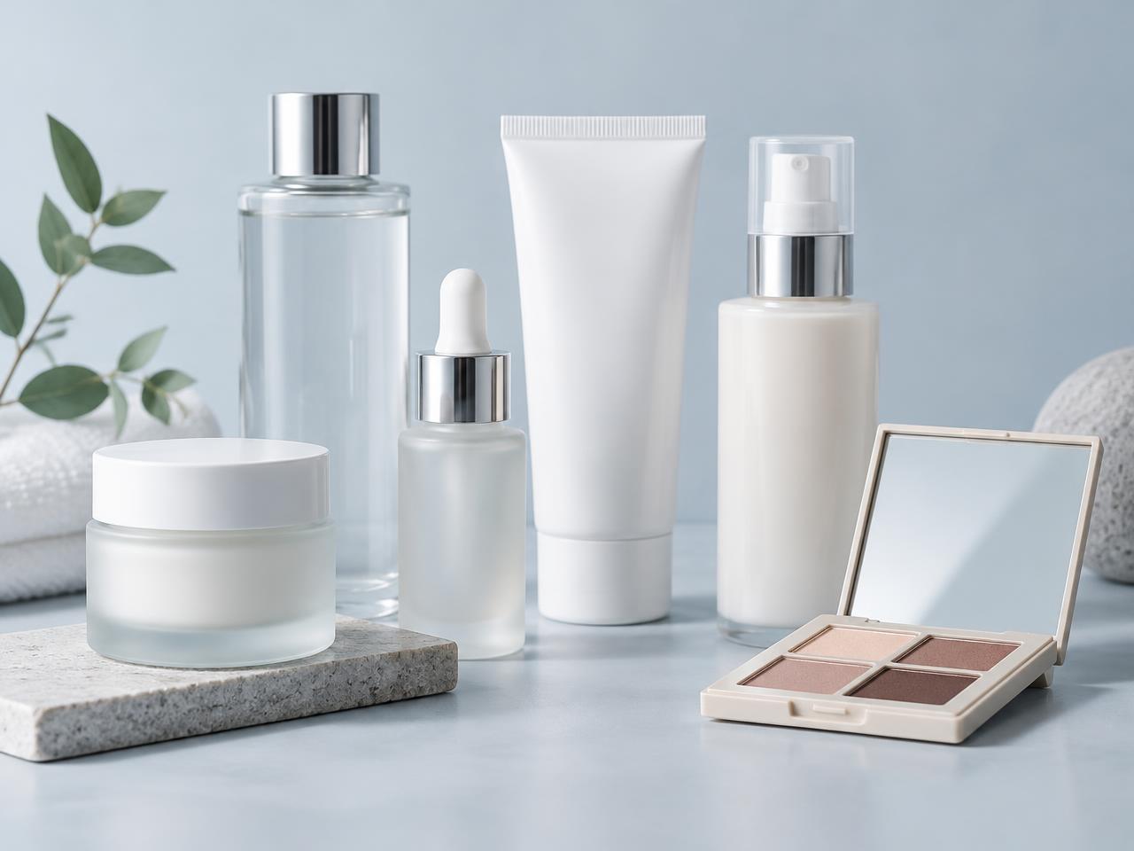 Skincare bottles, jars and a makeup palette on a light studio surface